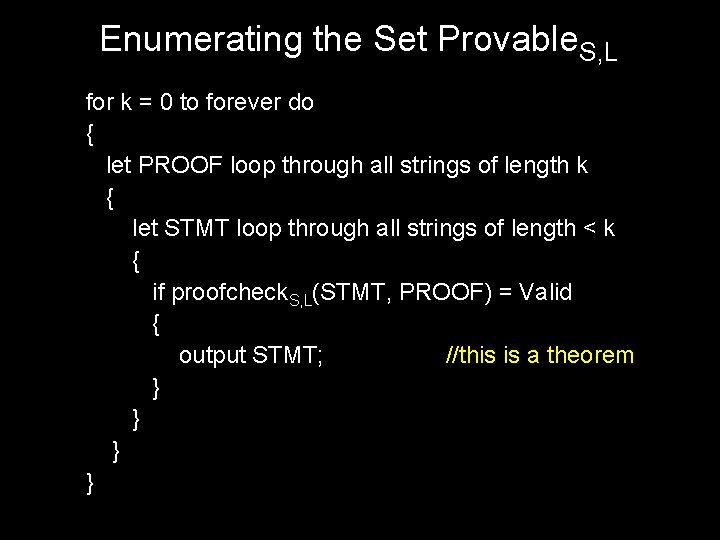 Enumerating the Set Provable. S, L for k = 0 to forever do {