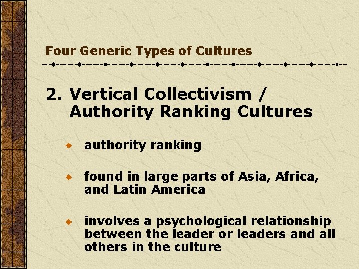 Four Generic Types of Cultures 2. Vertical Collectivism / Authority Ranking Cultures authority ranking