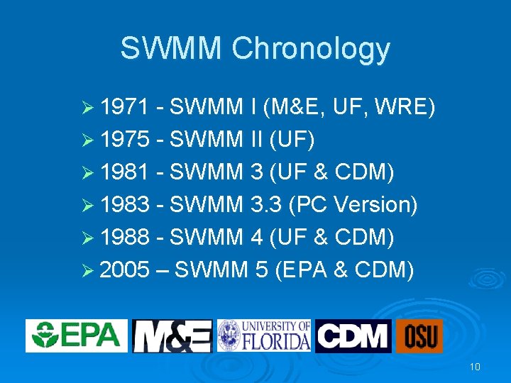 SWMM Chronology Ø 1971 - SWMM I (M&E, UF, WRE) Ø 1975 - SWMM