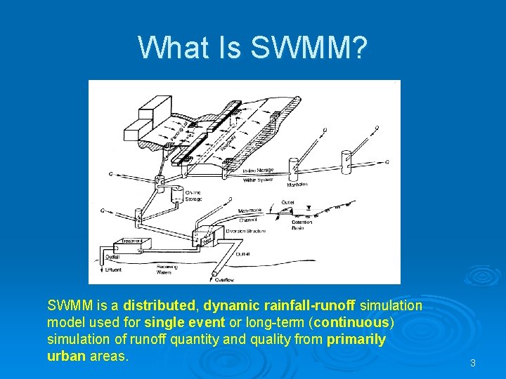 What Is SWMM? SWMM is a distributed, dynamic rainfall-runoff simulation model used for single
