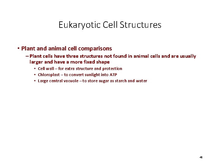 Eukaryotic Cell Structures • Plant and animal cell comparisons – Plant cells have three