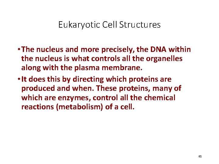 Eukaryotic Cell Structures • The nucleus and more precisely, the DNA within the nucleus