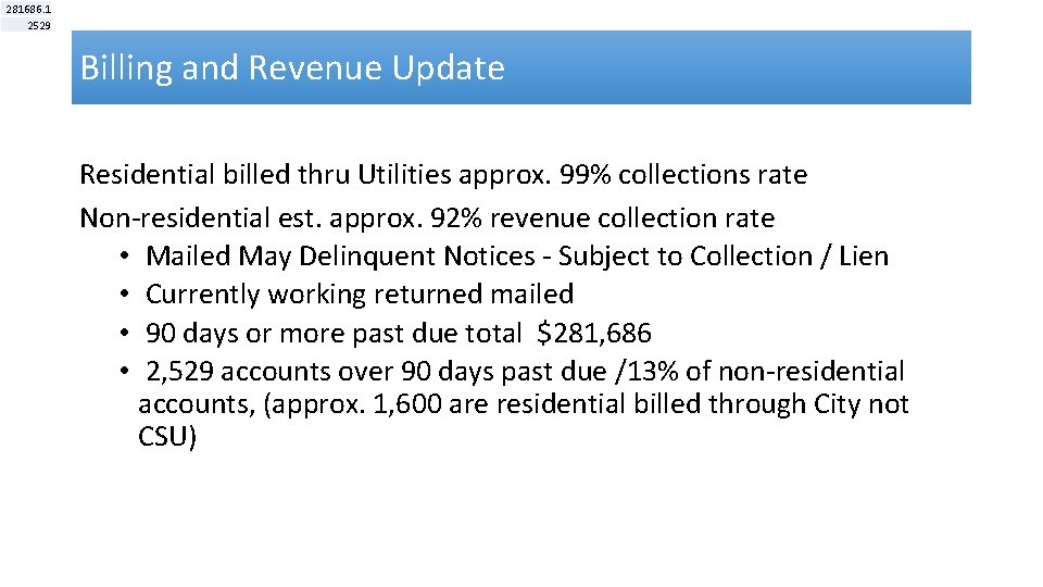 281686. 1 2529 Billing and Revenue Update Residential billed thru Utilities approx. 99% collections