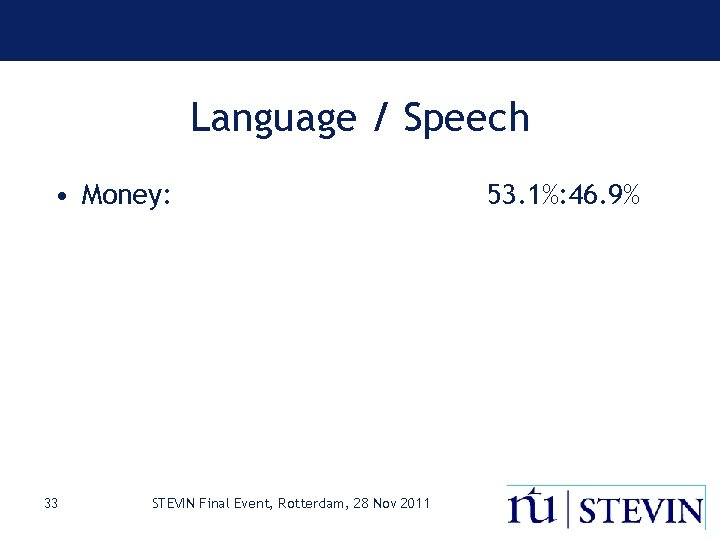 Language / Speech • Money: 33 STEVIN Final Event, Rotterdam, 28 Nov 2011 53.