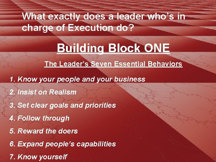 What exactly does a leader who’s in charge of Execution do? Building Block ONE