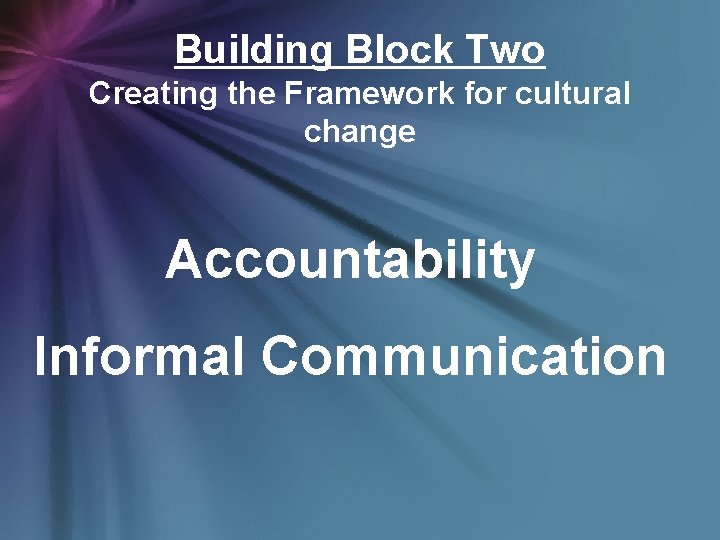 Building Block Two Creating the Framework for cultural change Accountability Informal Communication 