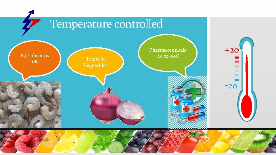 Temperature controlled IQF Shrimps -18 C Fruits & Vegetables Pharmaceuticals -10 to+10 C +20