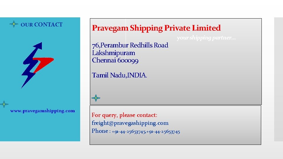 OUR CONTACT Pravegam Shipping Private Limited 76, Perambur Redhills Road Lakshmipuram Chennai 600099 your
