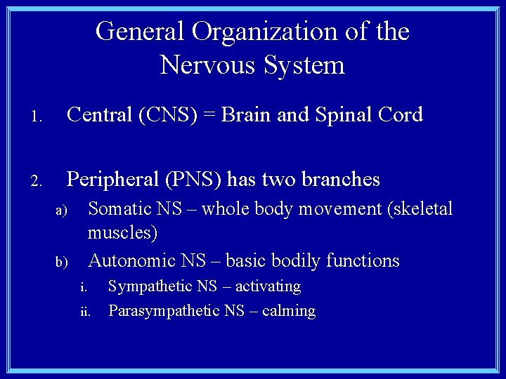 General Organization of the Nervous System 1. Central (CNS) = Brain and Spinal Cord