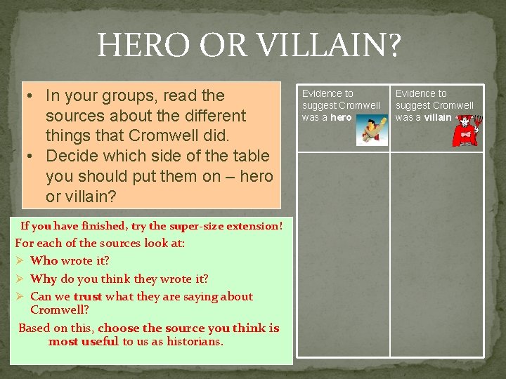 HERO OR VILLAIN? • In your groups, read the sources about the different things