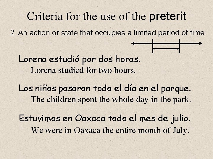 Criteria for the use of the preterit 2. An action or state that occupies