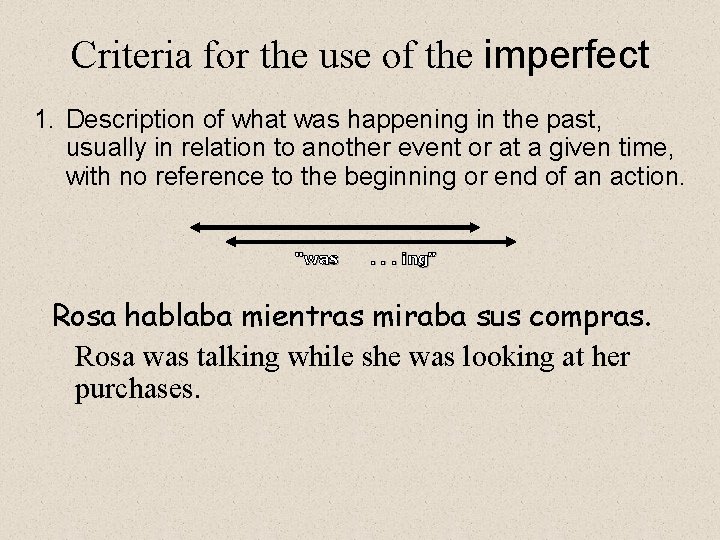 Criteria for the use of the imperfect 1. Description of what was happening in