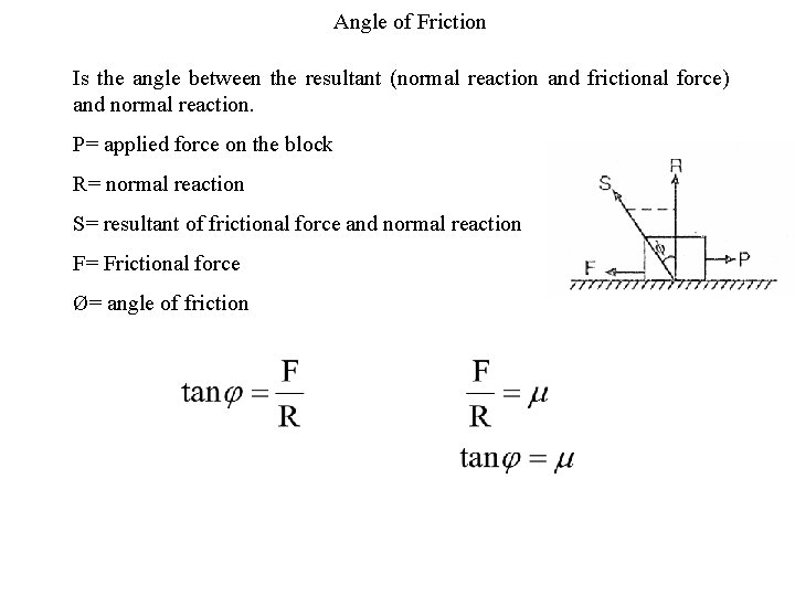 Angle of Friction Is the angle between the resultant (normal reaction and frictional force)