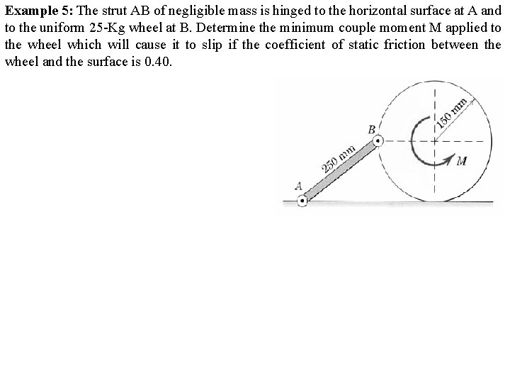 Example 5: The strut AB of negligible mass is hinged to the horizontal surface