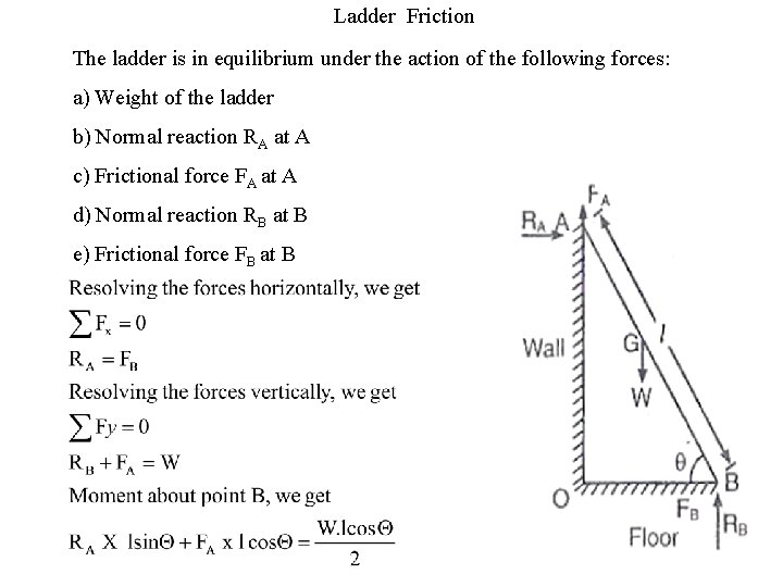 Ladder Friction The ladder is in equilibrium under the action of the following forces: