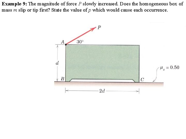 Example 9: The magnitude of force P slowly increased. Does the homogeneous box of