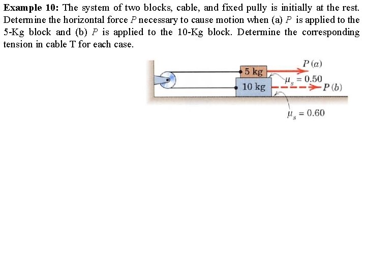 Example 10: The system of two blocks, cable, and fixed pully is initially at