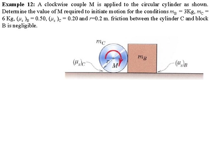 Example 12: A clockwise couple M is applied to the circular cylinder as shown.