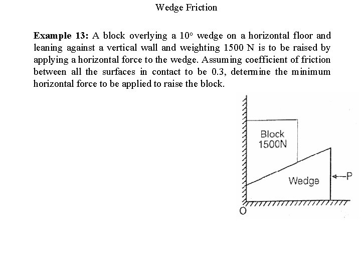 Wedge Friction Example 13: A block overlying a 10 o wedge on a horizontal