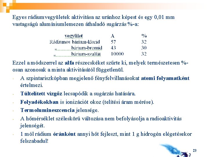 Egyes rádiumvegyületek aktivitása az uránhoz képest és egy 0, 01 mm vastagságú alumíniumlemezen áthaladó