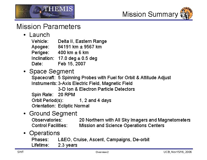 Mission Summary Mission Parameters • Launch Vehicle: Apogee: Perigee: Inclination: Date: Delta II, Eastern