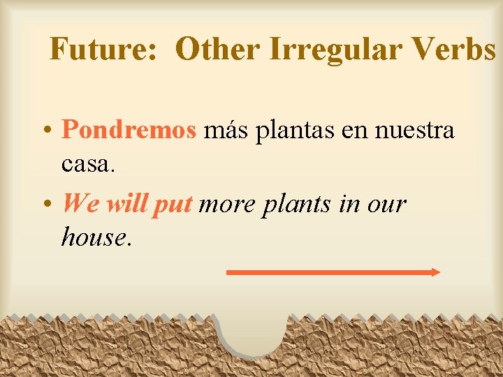 Future: Other Irregular Verbs • Pondremos más plantas en nuestra casa. • We will
