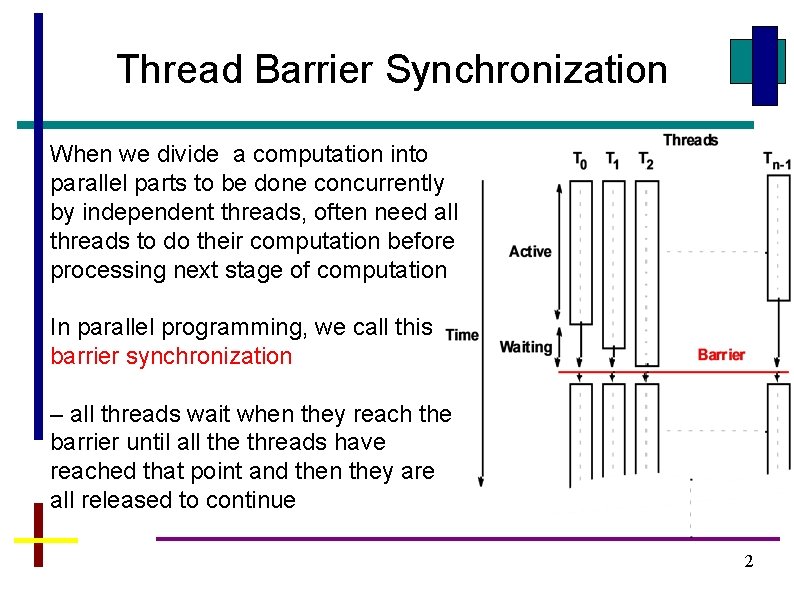 Thread Barrier Synchronization When we divide a computation into parallel parts to be done Thread Barrier Synchronization When we divide a computation into parallel parts to be done