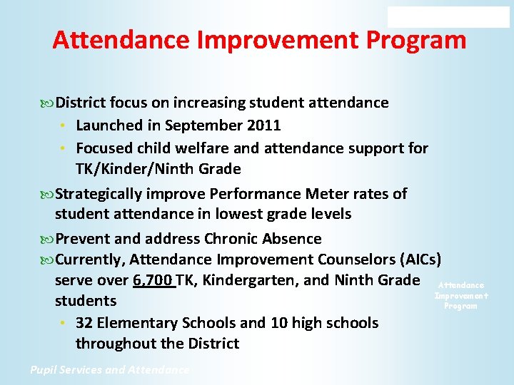 Attendance Improvement Program District focus on increasing student attendance • Launched in September 2011