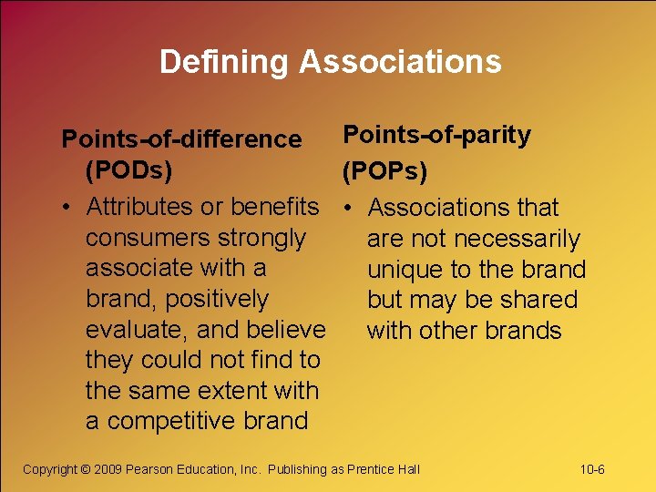 Defining Associations Points-of-parity Points-of-difference (PODs) (POPs) • Attributes or benefits • Associations that consumers