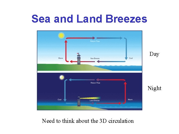 Sea and Land Breezes Day Night Need to think about the 3 D circulation