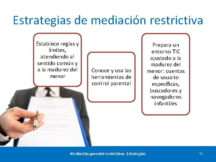 Estrategias de mediación restrictiva Establece reglas y límites, atendiendo al sentido común y a