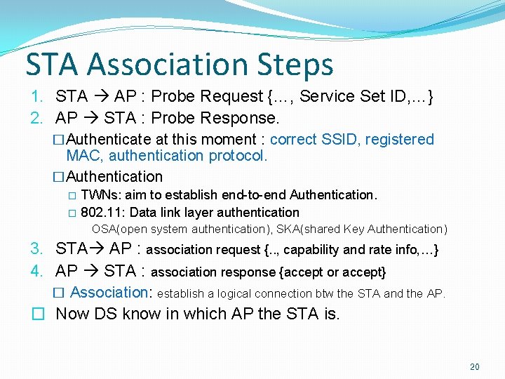 STA Association Steps 1. STA AP : Probe Request {…, Service Set ID, …}