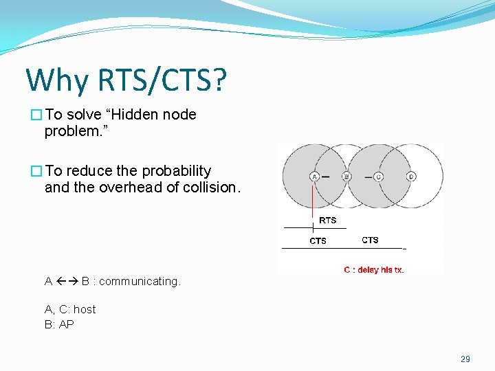 Why RTS/CTS? �To solve “Hidden node problem. ” �To reduce the probability and the