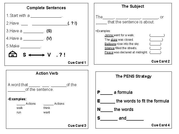 The Subject Complete Sentences 1. Start with a _______. 2. Have __________(. ? !)