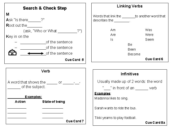 Linking Verbs Search & Check Step M Ask ”Is there______? " Root out the_______
