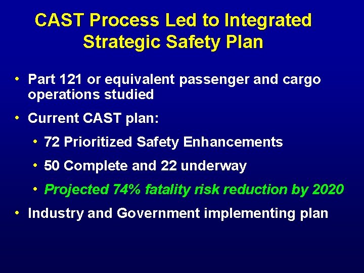 CAST Process Led to Integrated Strategic Safety Plan • Part 121 or equivalent passenger