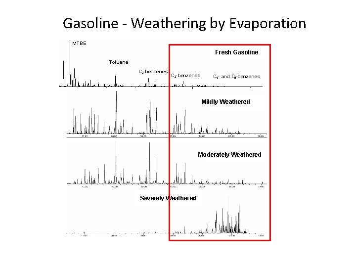Gasoline - Weathering by Evaporation MTBE Fresh Gasoline Toluene C 2 -benzenes C 3