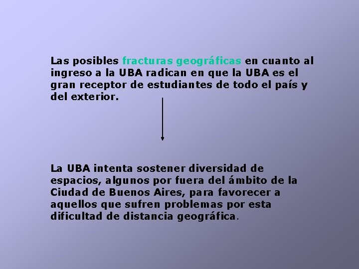 Las posibles fracturas geográficas en cuanto al ingreso a la UBA radican en que