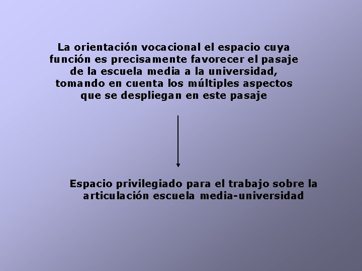 La orientación vocacional el espacio cuya función es precisamente favorecer el pasaje de la