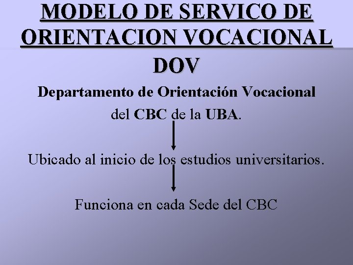MODELO DE SERVICO DE ORIENTACION VOCACIONAL DOV Departamento de Orientación Vocacional del CBC de