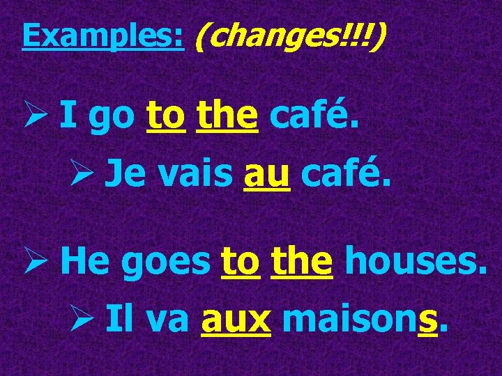 Examples: (changes!!!) Ø I go to the café. Ø Je vais au café. Ø