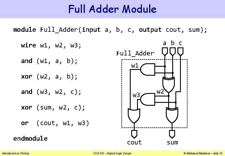 Full Adder Module module Full_Adder(input a, b, c, output cout, sum); wire w 1,