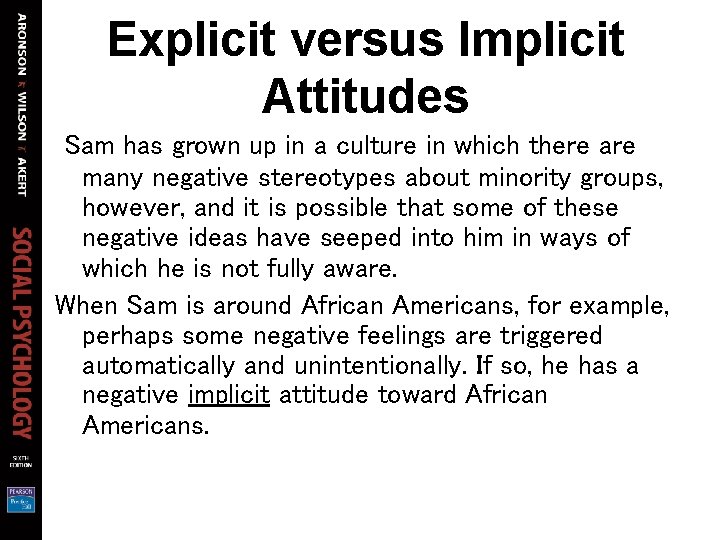 Explicit versus Implicit Attitudes Sam has grown up in a culture in which there