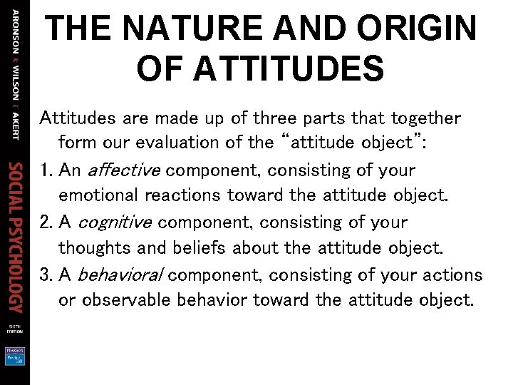 THE NATURE AND ORIGIN OF ATTITUDES Attitudes are made up of three parts that