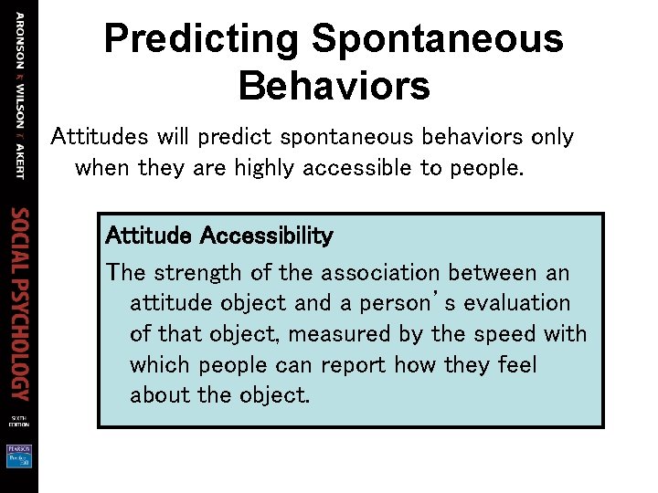 Predicting Spontaneous Behaviors Attitudes will predict spontaneous behaviors only when they are highly accessible