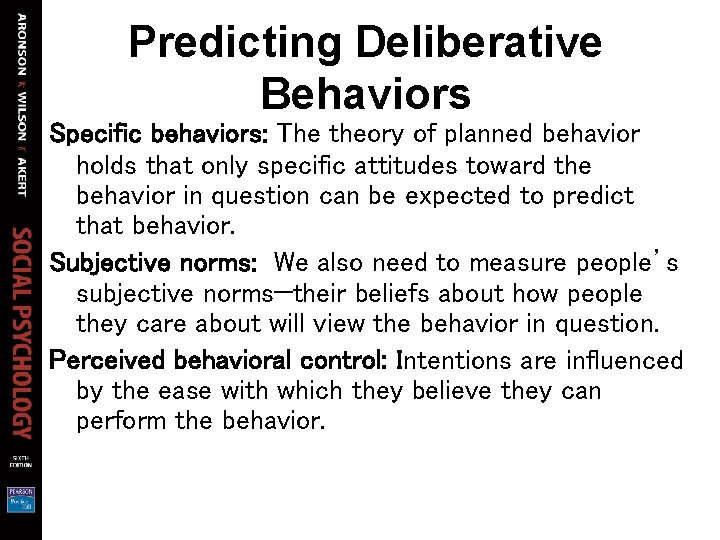 Predicting Deliberative Behaviors Specific behaviors: The theory of planned behavior holds that only specific