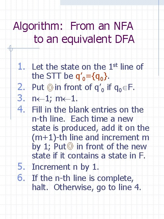 Algorithm: From an NFA to an equivalent DFA 1. Let the state on the