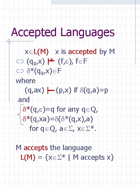 Accepted Languages x L(M) x is accepted by M Û (q 0, x) |*