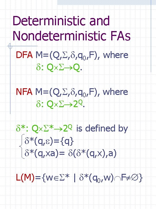 Deterministic and Nondeterministic FAs DFA M=(Q, , , q 0, F), where : Q