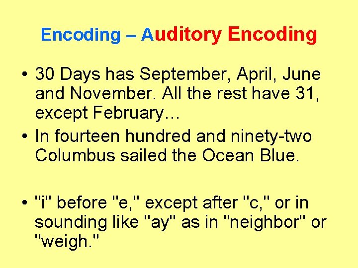Encoding – Auditory Encoding • 30 Days has September, April, June and November. All